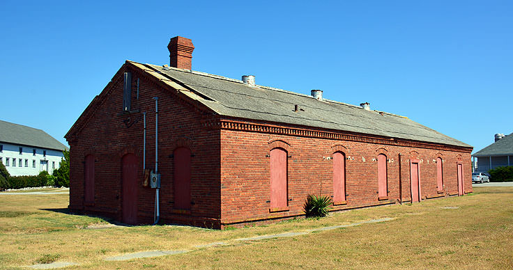Boarded up building at Fort Caswell