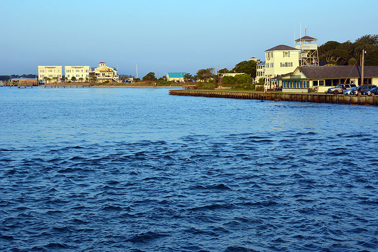 A view of the Cape Fear River from the Historic Riverwalk in Southport, NC