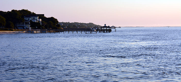 A view of the Cape Fear River from the Historic Riverwalk in Southport, NC